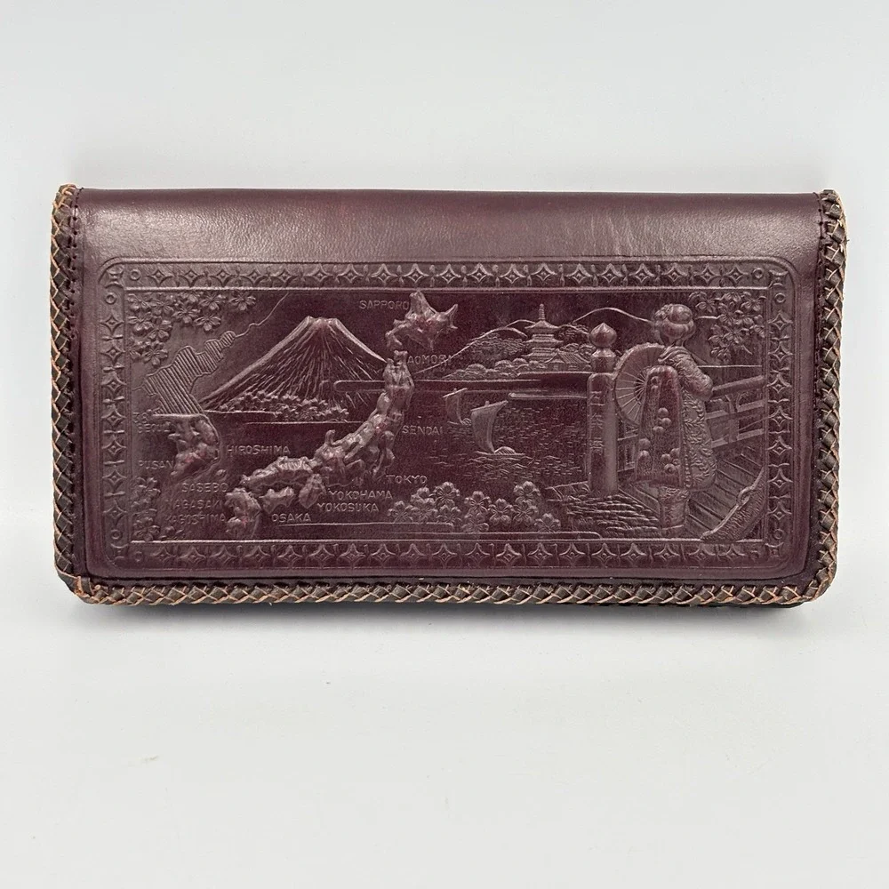 Vintage Embossed Leather Wallet Japanese Japan Map Dragon Bi-fold Dark Brown